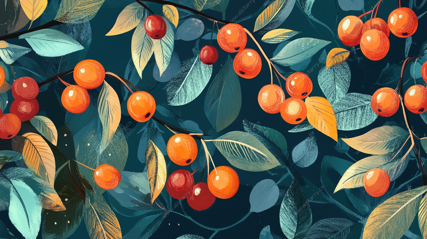 枝头红果绿叶插画