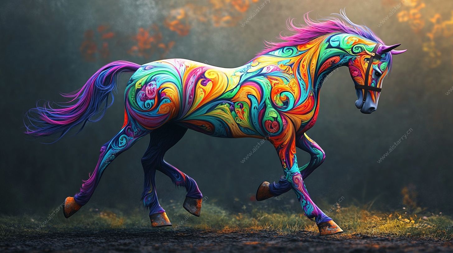彩色花纹奔马奇幻艺术图