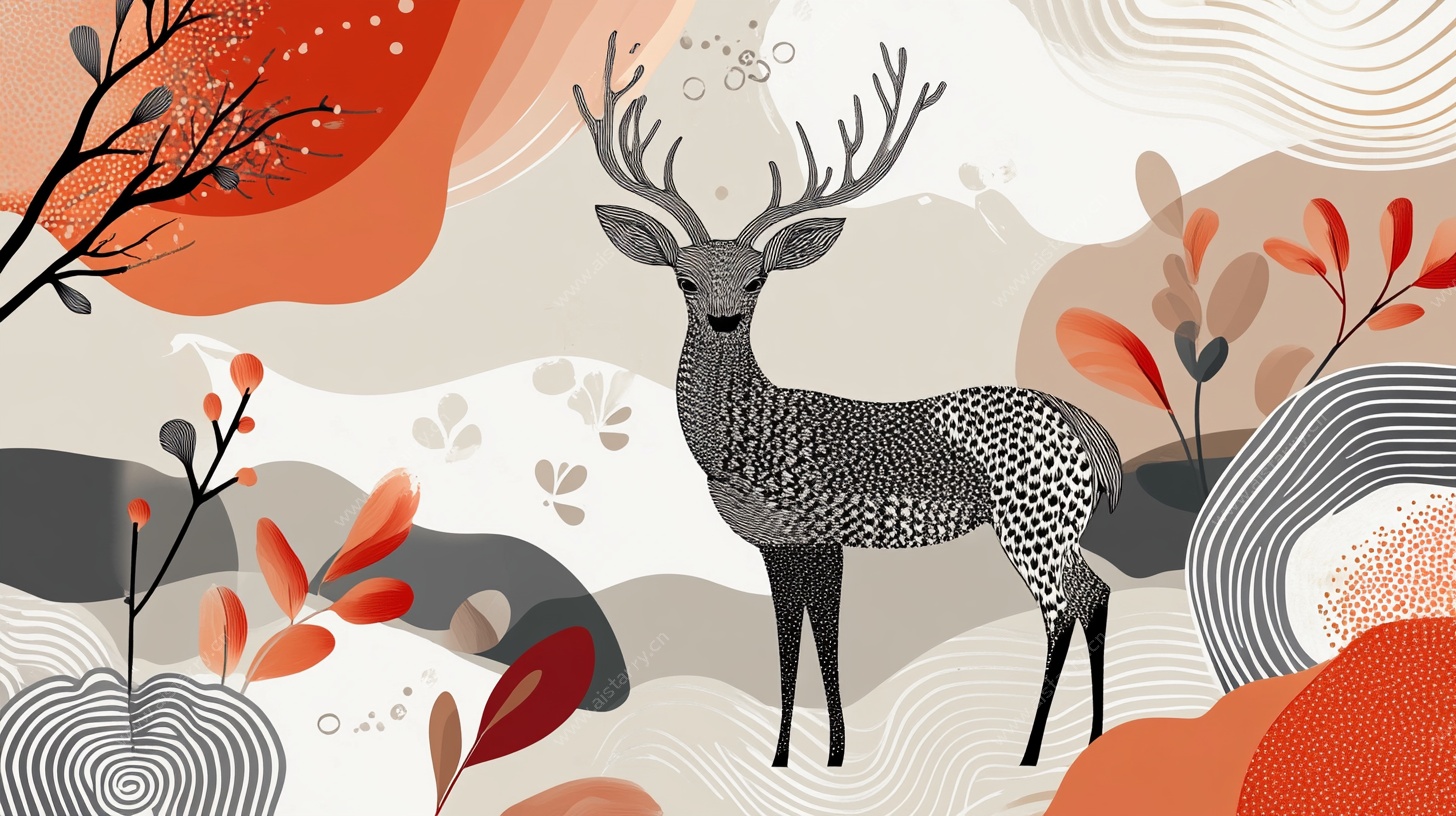 抽象风鹿的自然场景插画