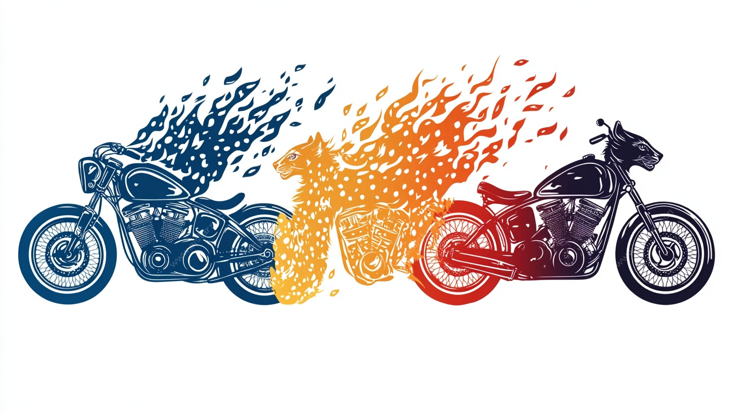 三色动感摩托车艺术插画
