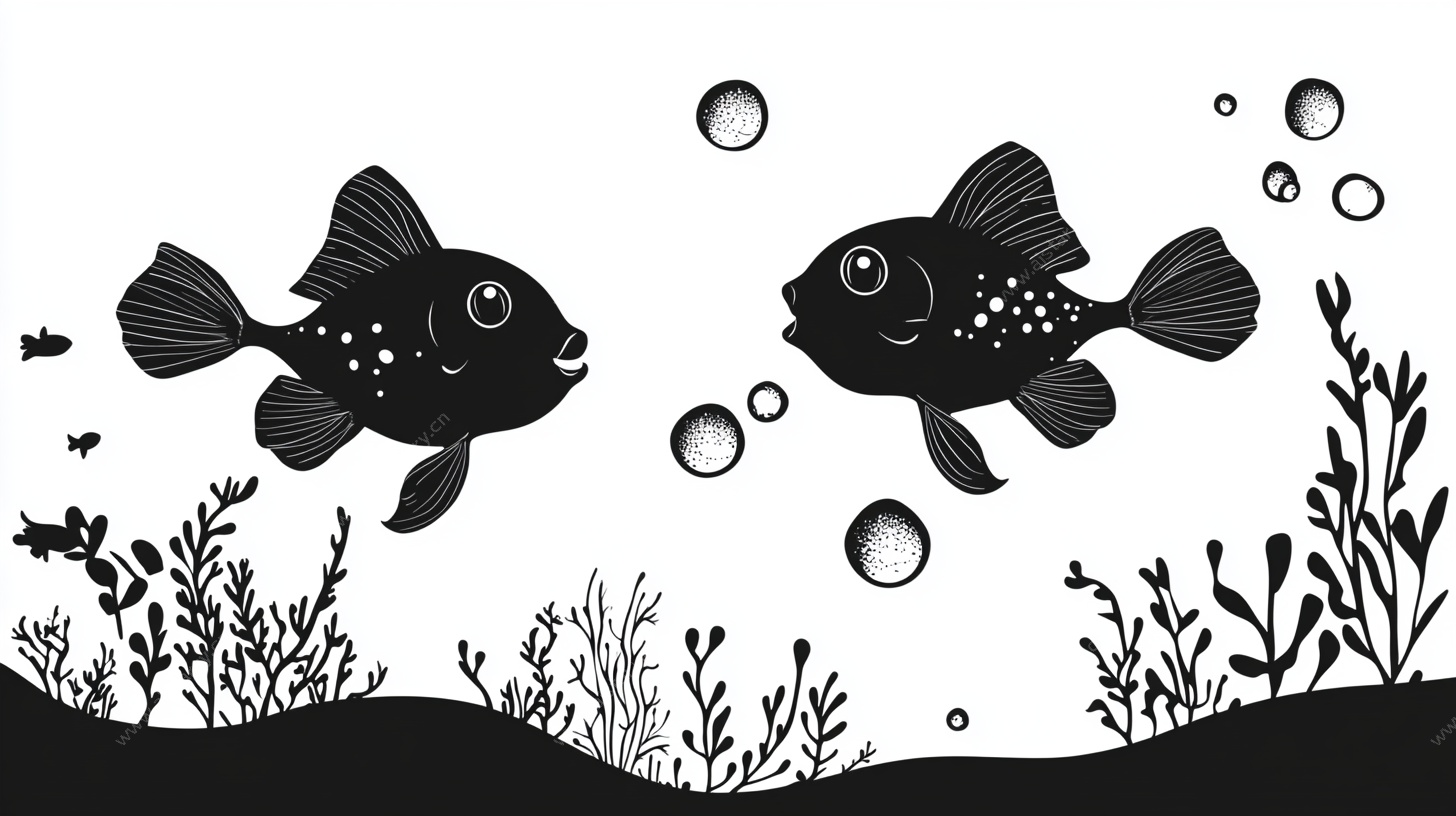 黑白海底双鱼插画