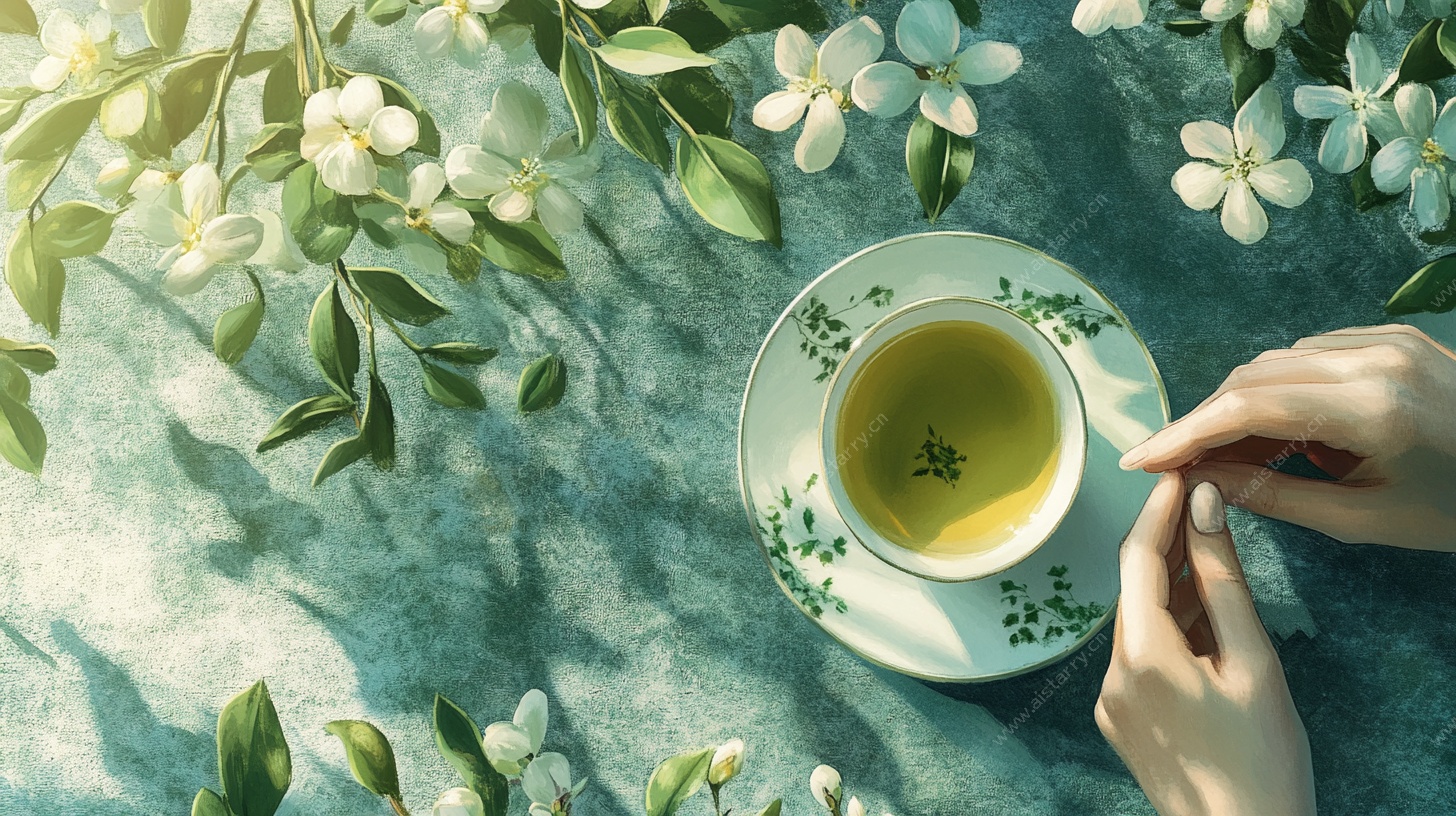 手捧清茶伴白花之景