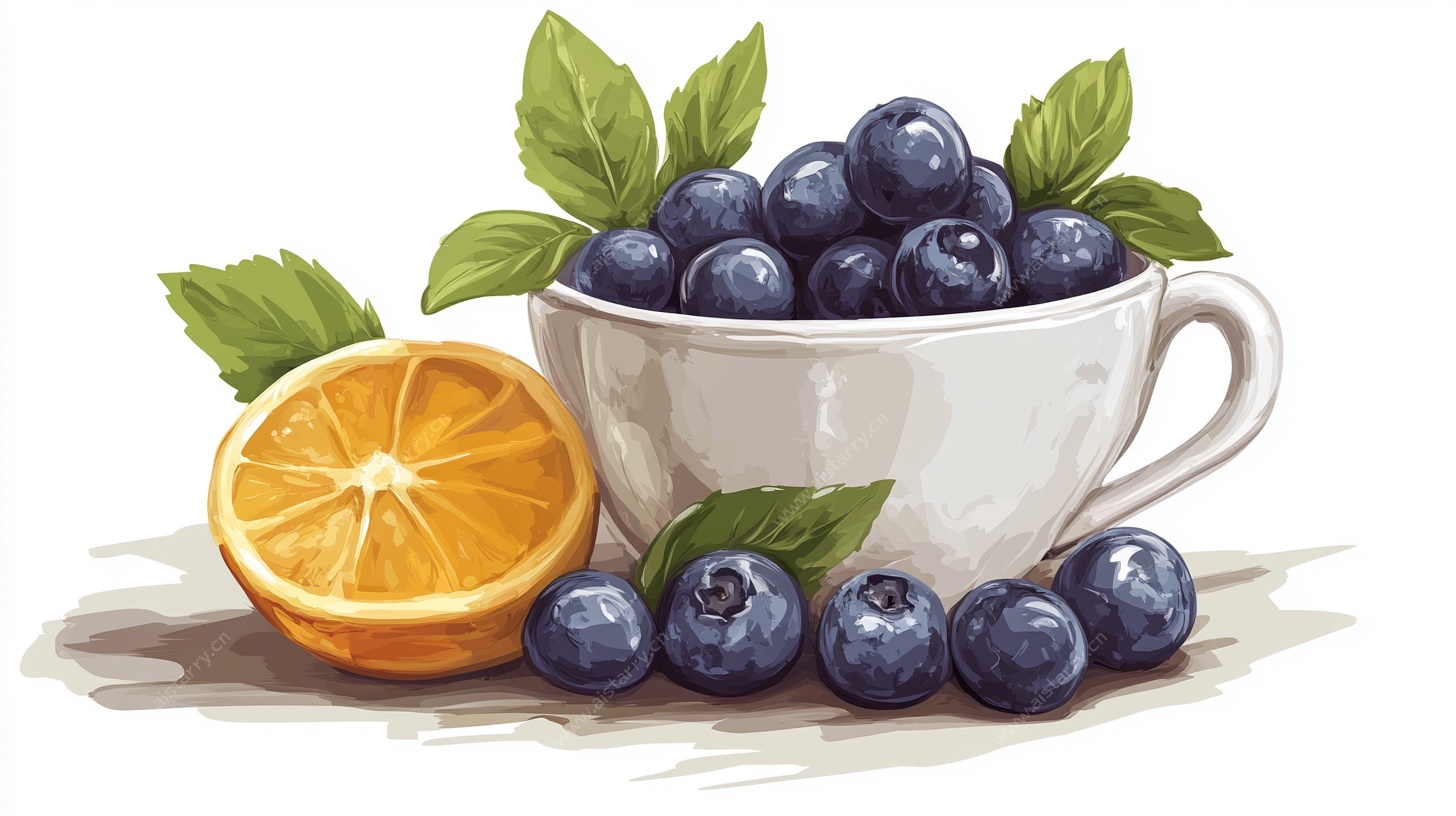 白杯中的蓝莓与橙子切片