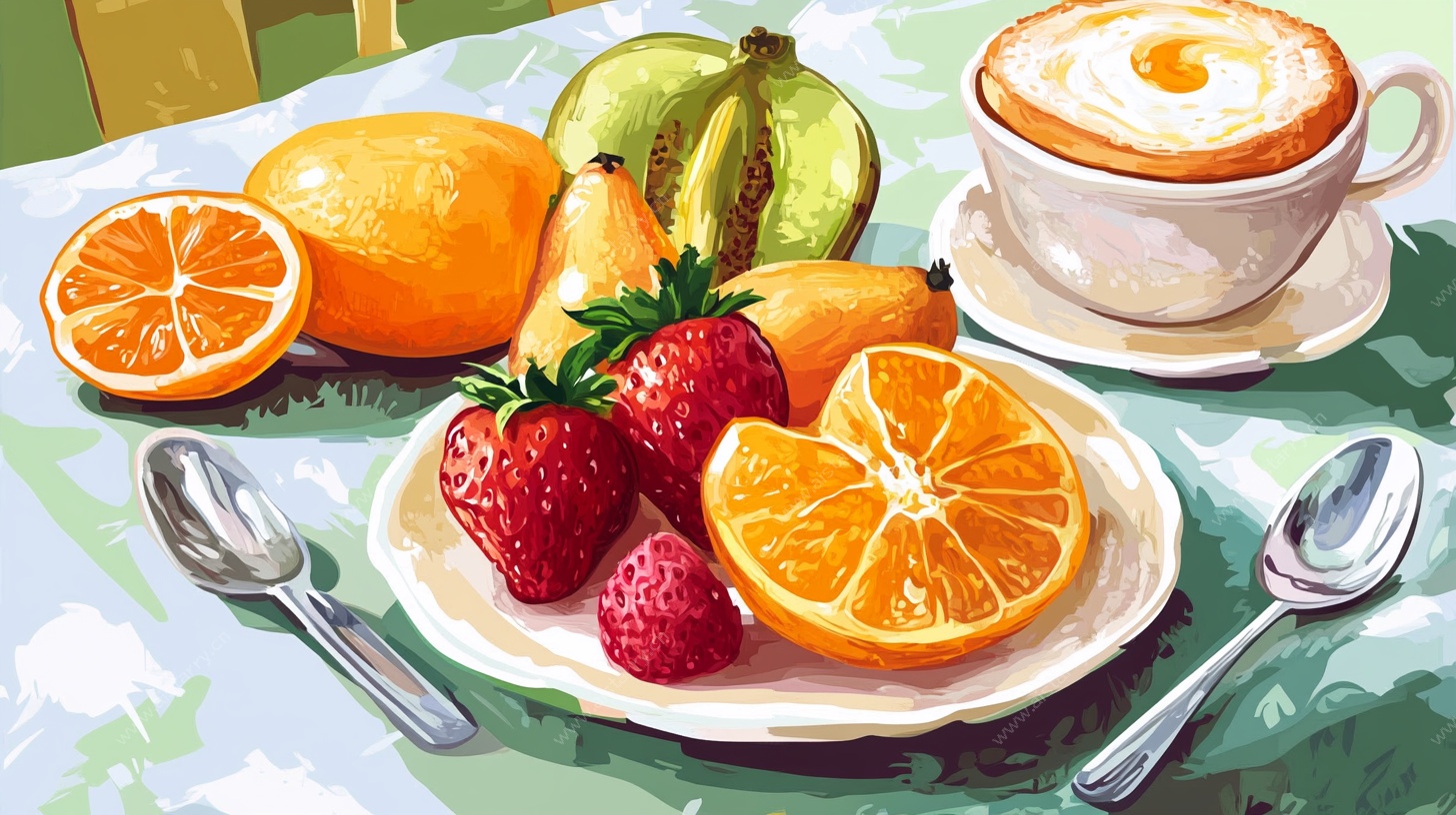 早餐静物绘 水果与咖啡