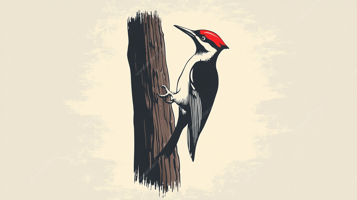 啄木鸟栖息树干插画