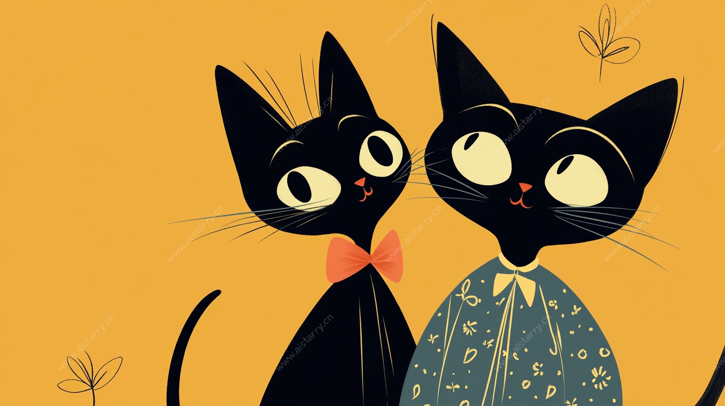 可爱黑猫情侣插画