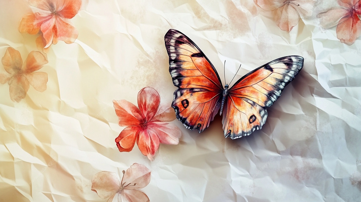 蝴蝶停落褶皱纸上的花卉