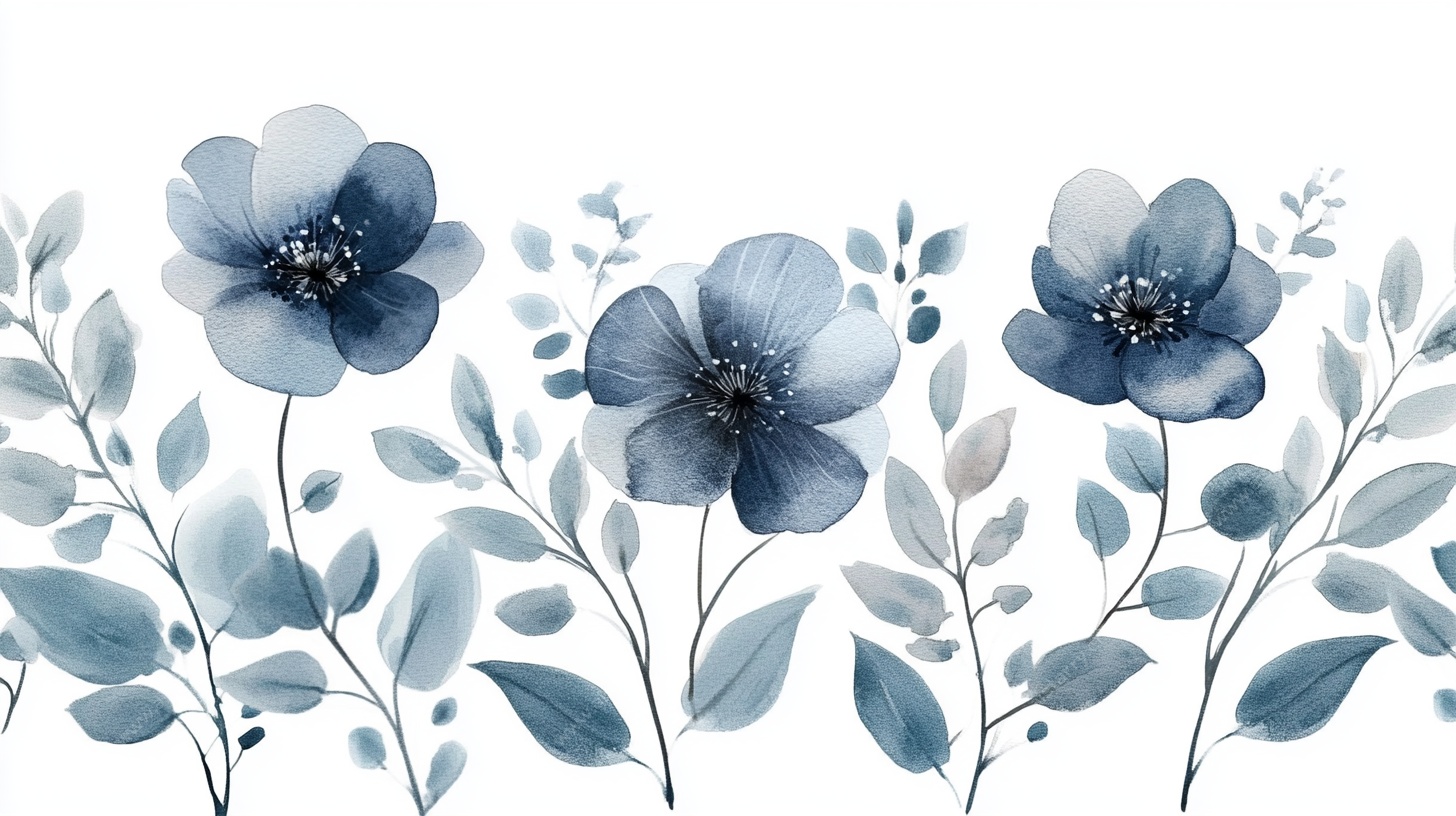 蓝调花卉水彩边框图案