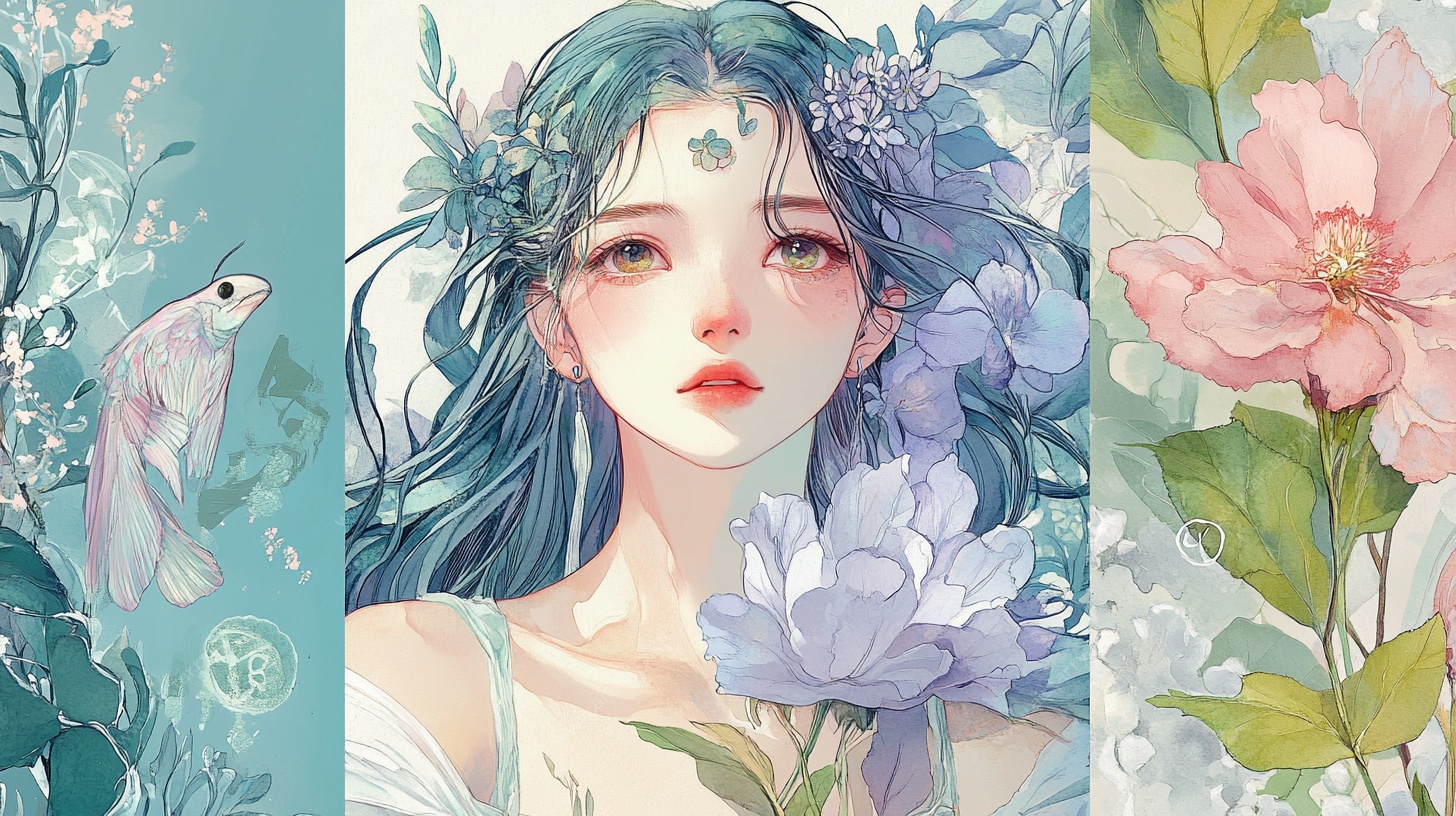蓝发花仙少女插画