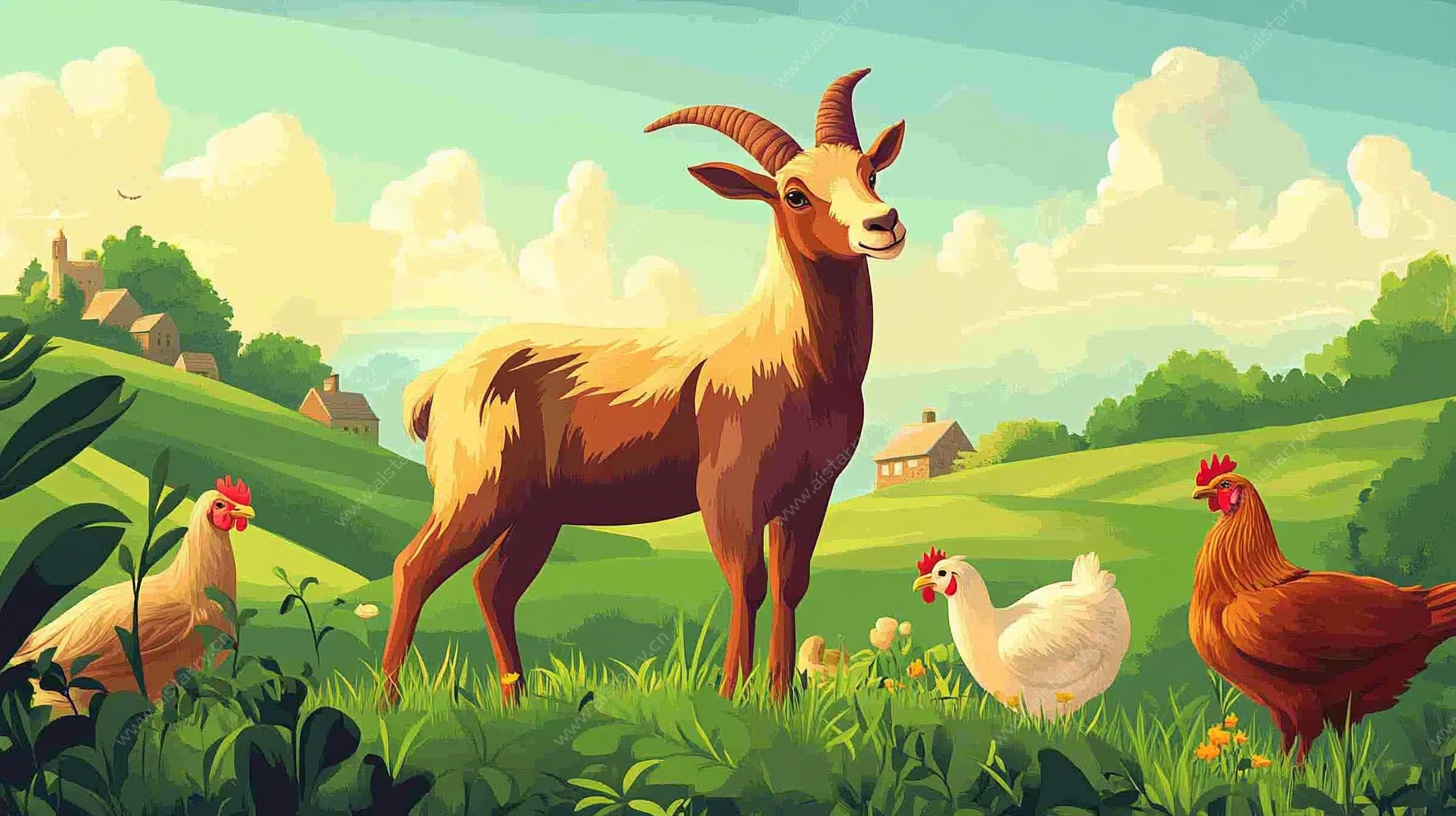 田园牧歌 山羊与鸡的和谐画面