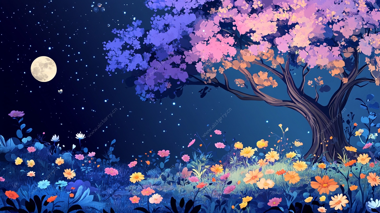 月夜繁花下的梦幻场景