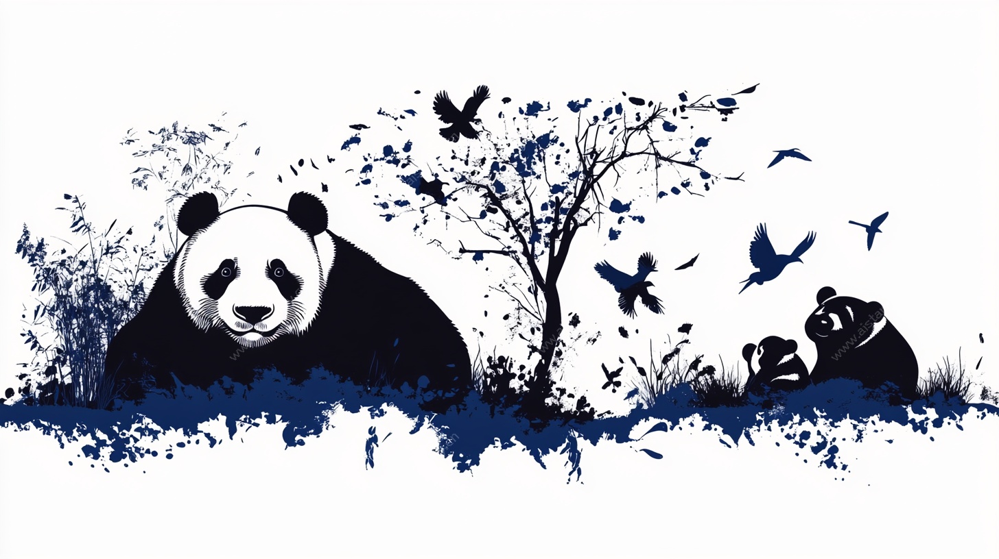水墨熊猫与飞鸟自然图景