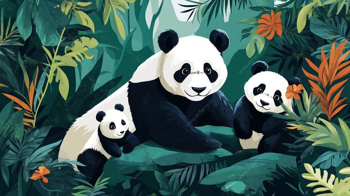 竹林中的熊猫一家