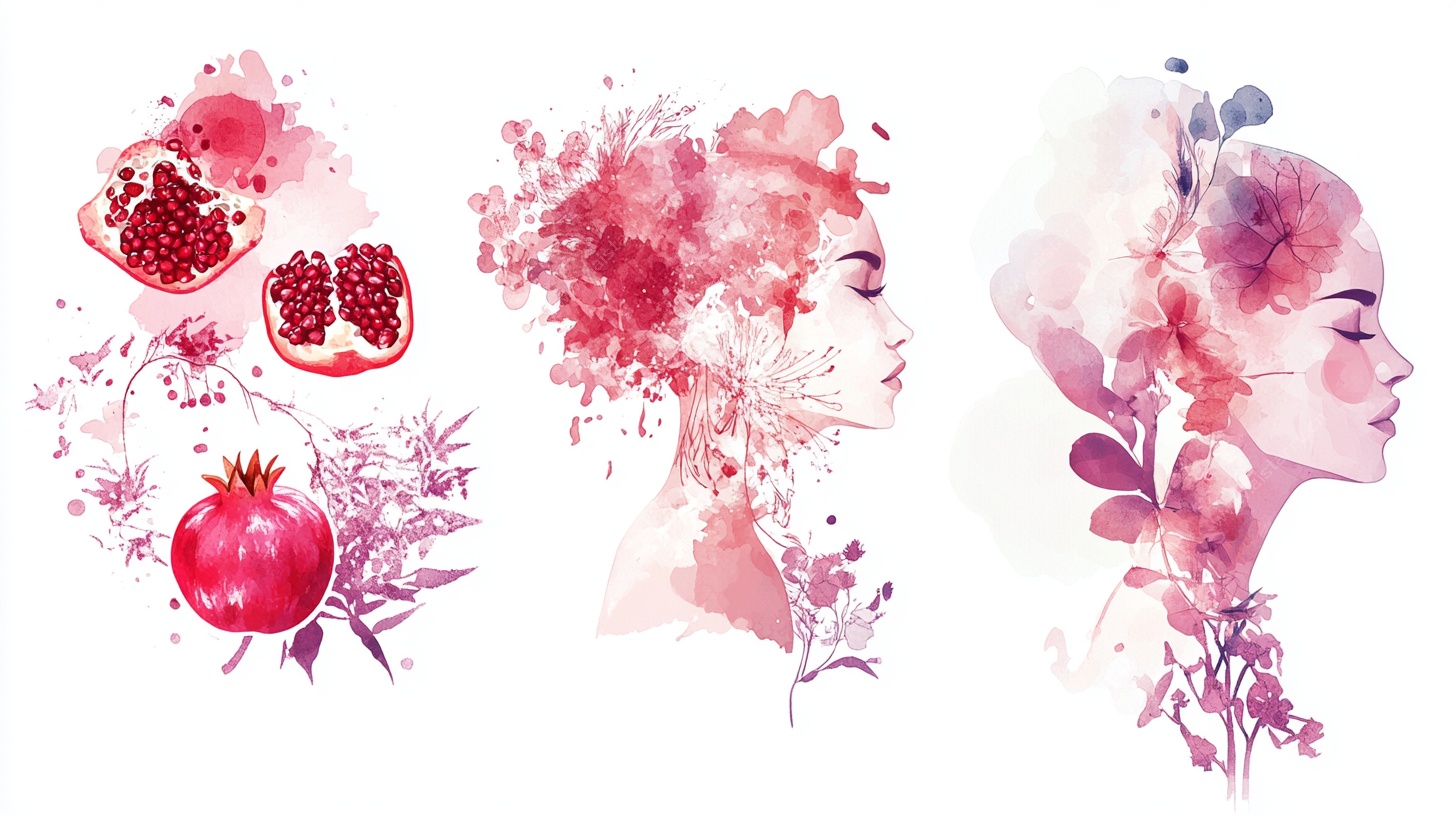 水彩石榴与女性头像插画