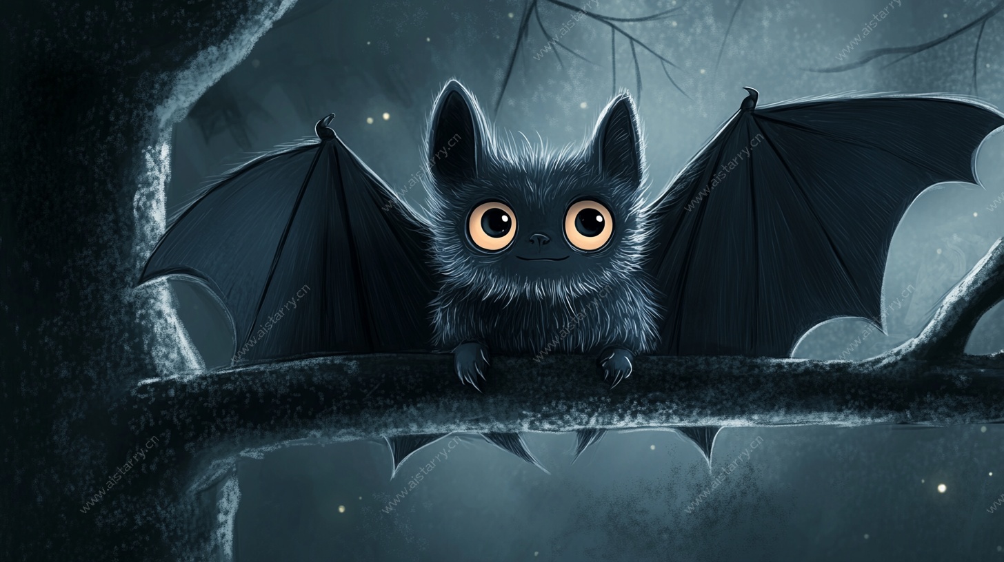 萌趣蝙蝠栖息于暗夜树枝