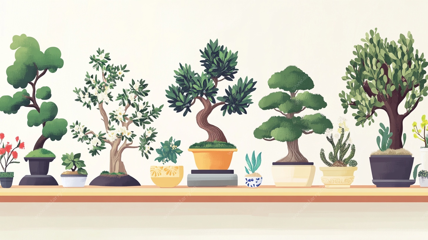 一排精致盆栽插画展示