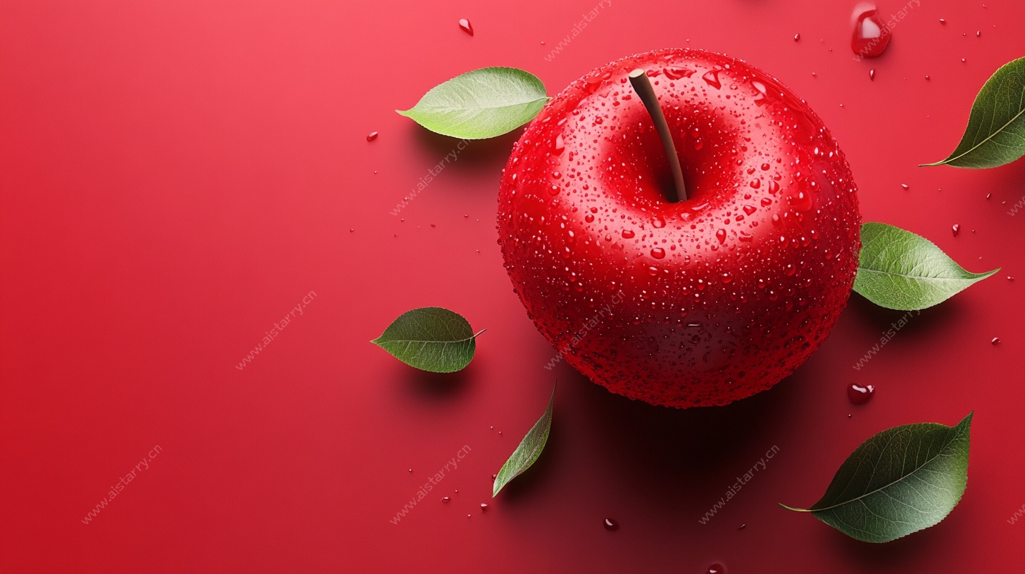 红底鲜苹果与绿叶水珠