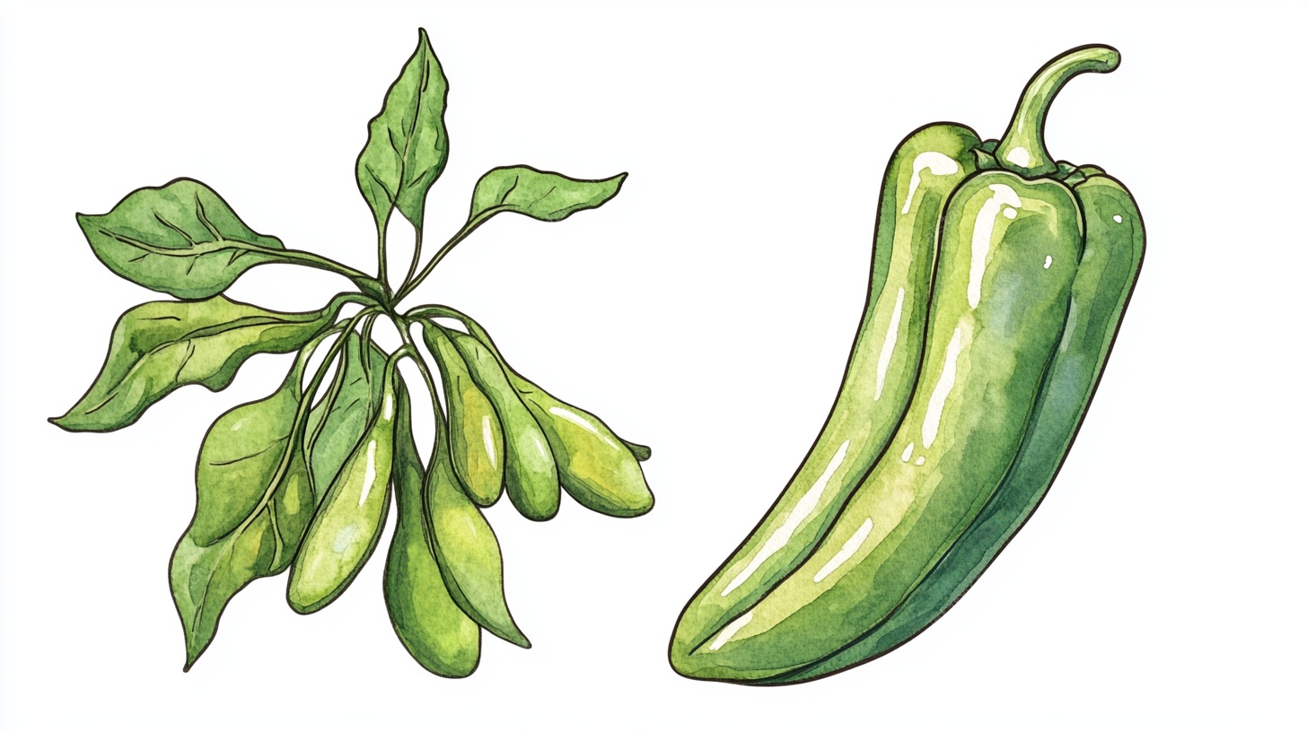 手绘青椒与辣椒植株图