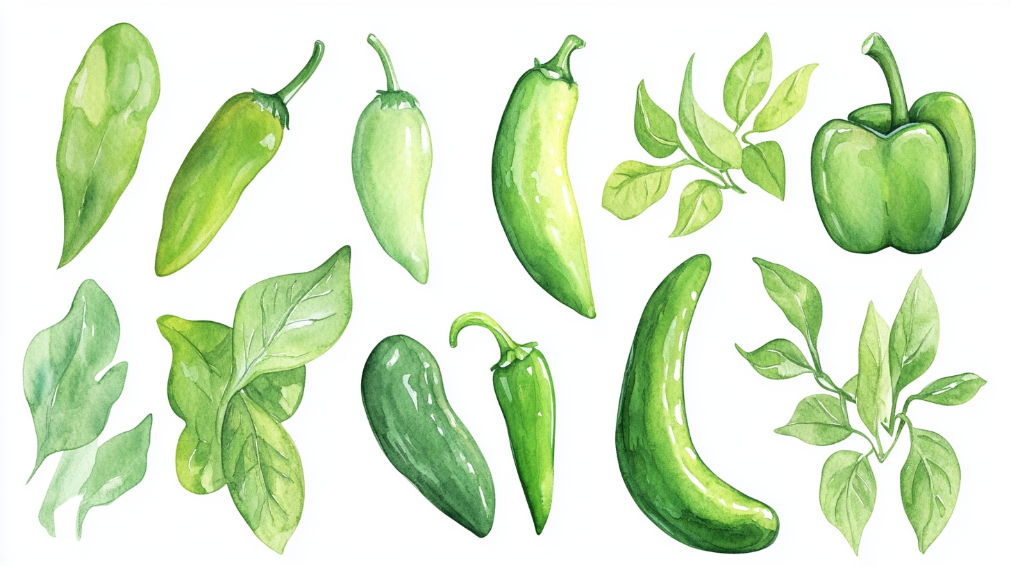 水彩绿辣椒与叶片插画