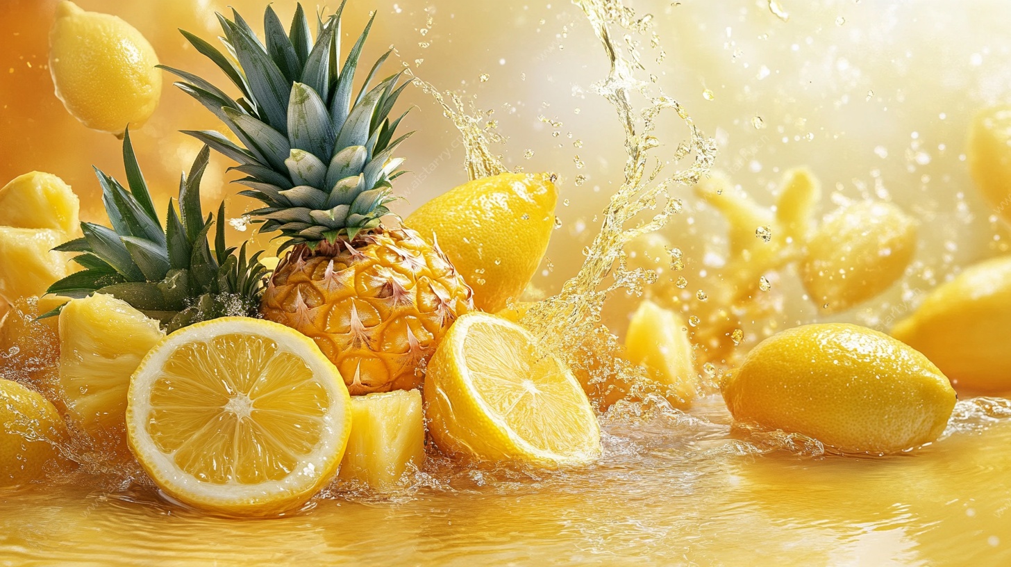 柠檬菠萝水果溅水画面