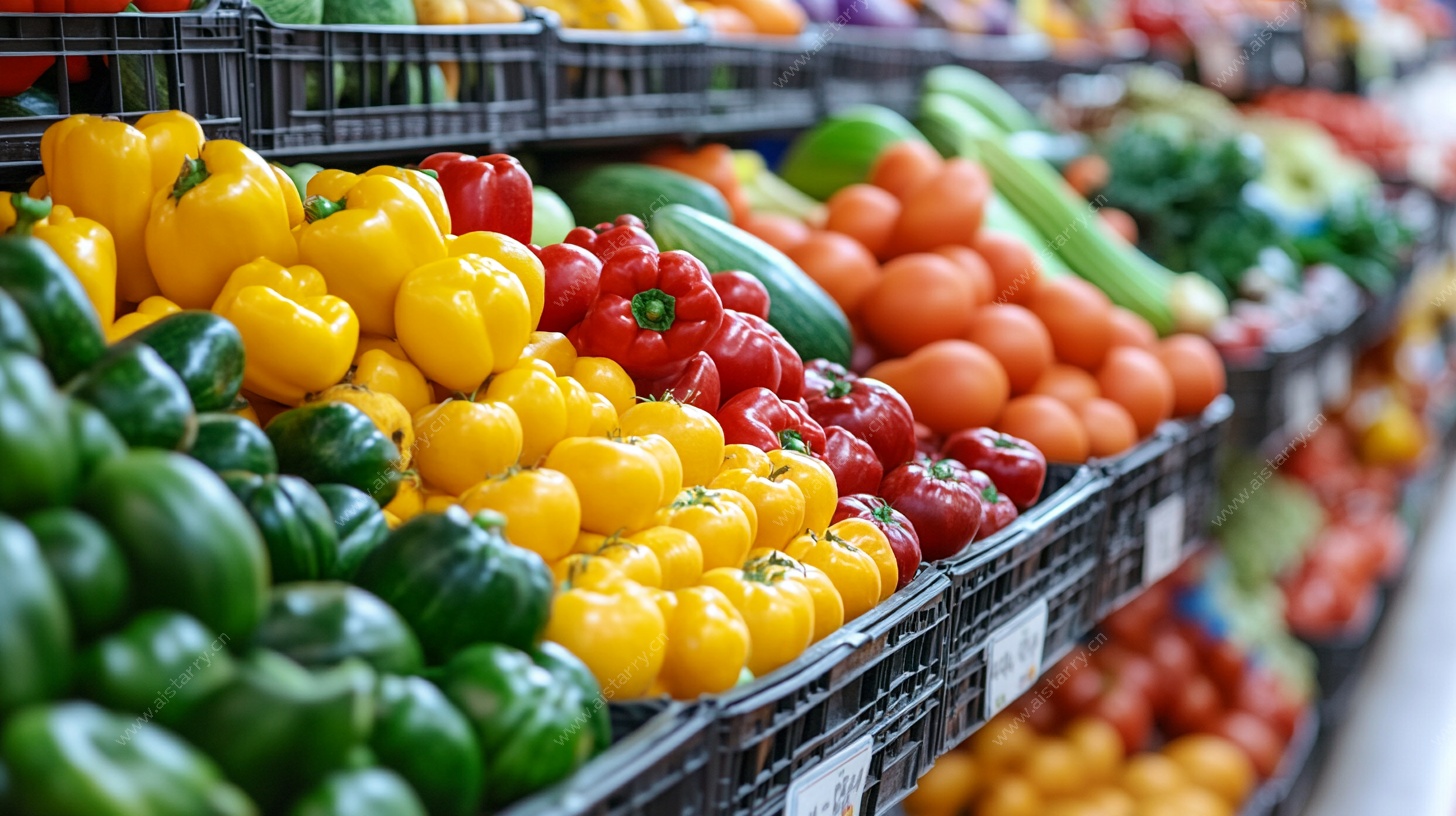 超市货架上多彩新鲜蔬菜