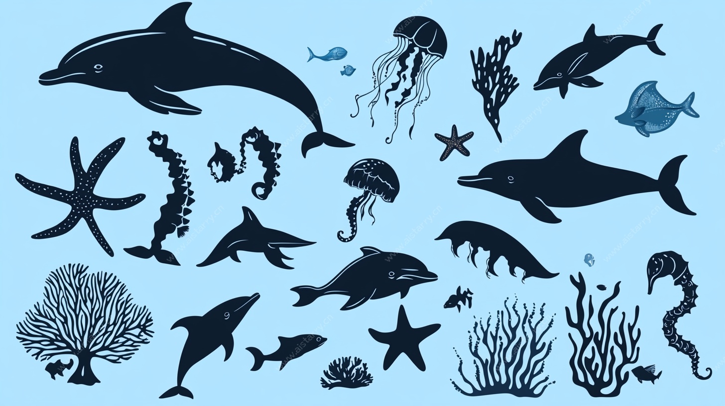 海洋生物剪影集合图