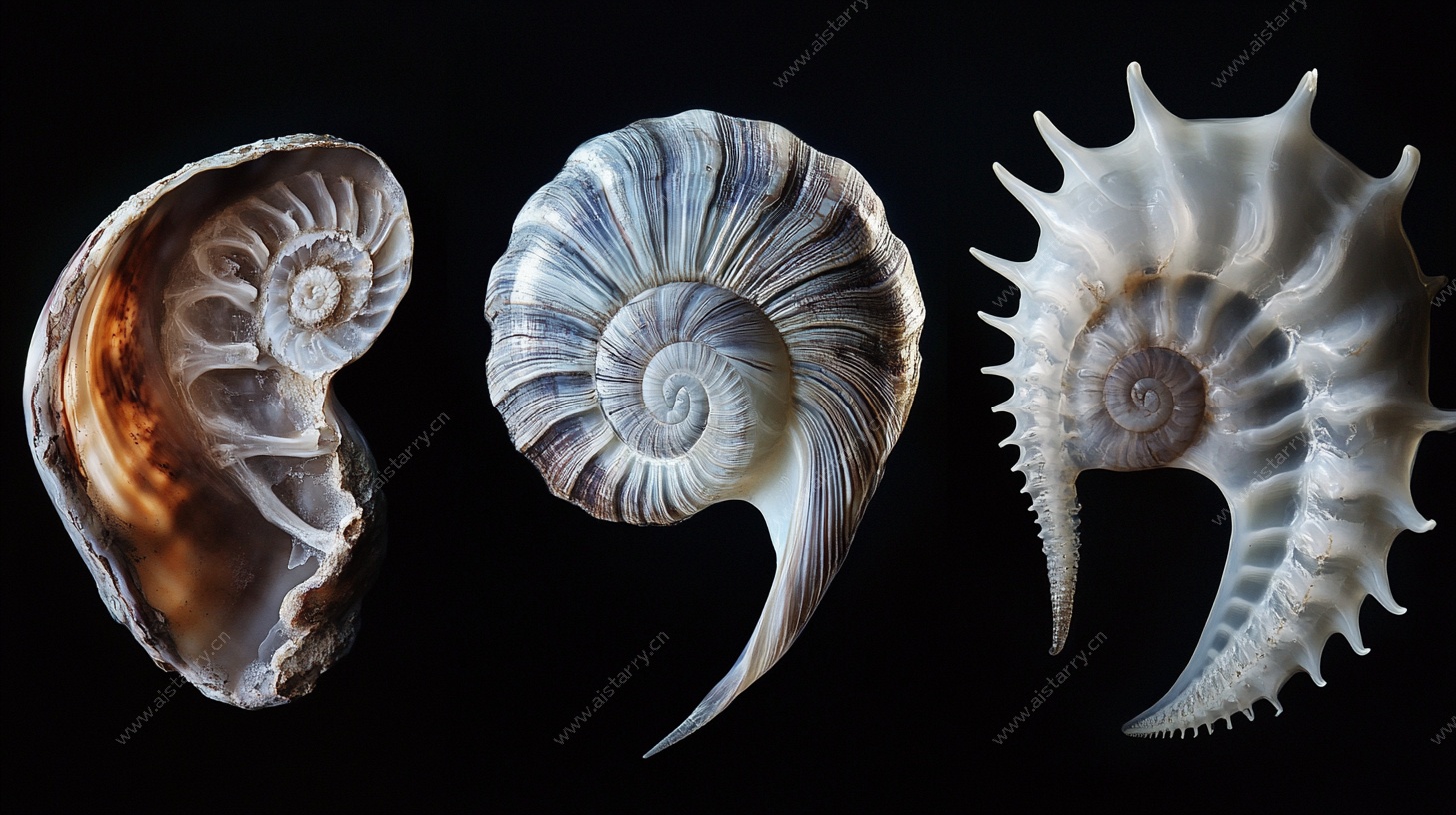 三种精美海螺标本展示