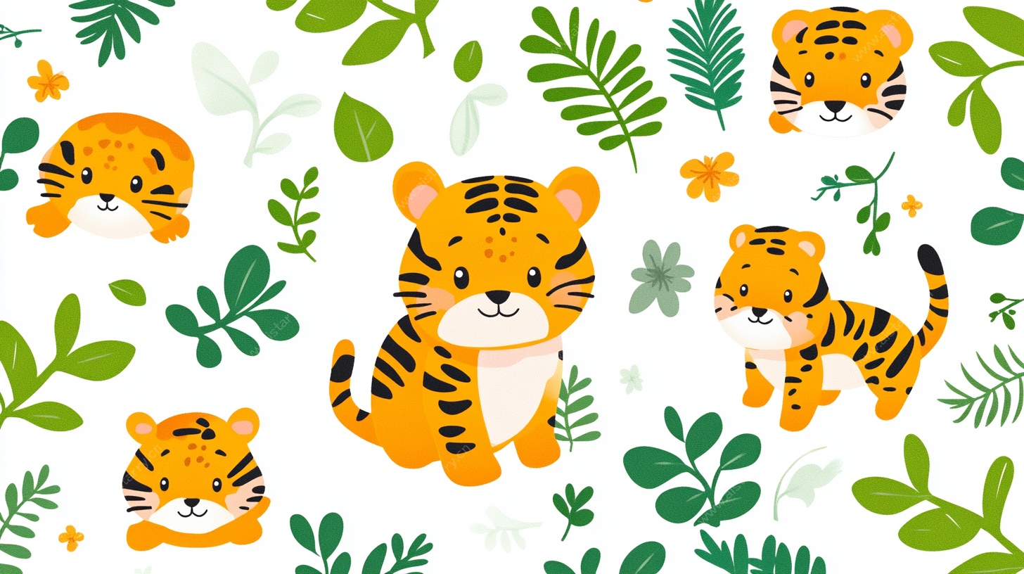 可爱老虎与绿植卡通图案