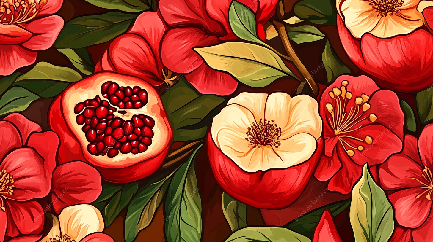 红石榴花卉图案插画