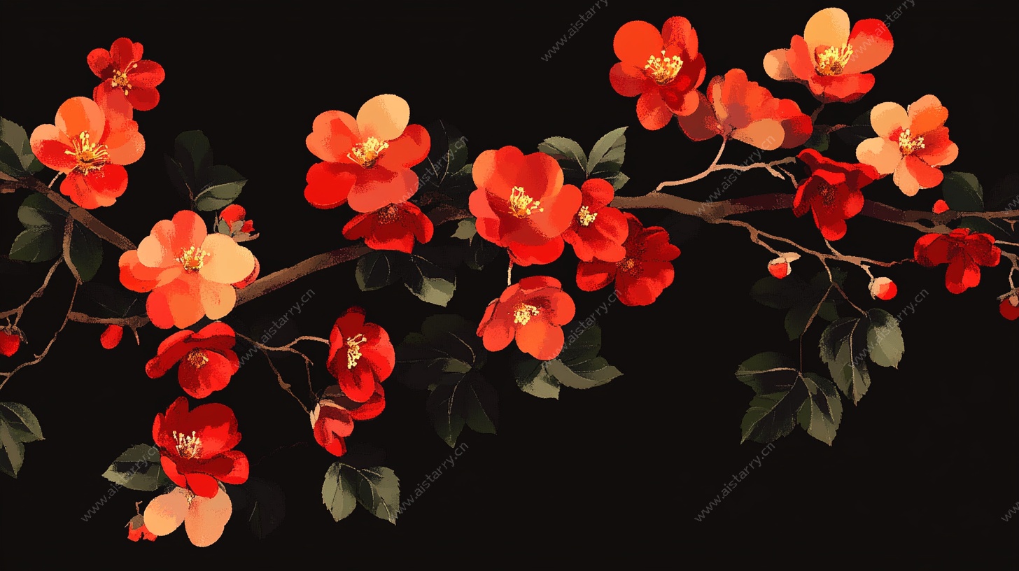 枝头艳红花朵插画