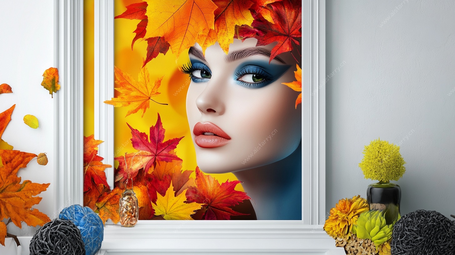 秋韵枫叶中的美妆佳人