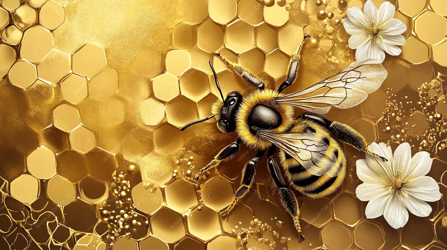 蜜蜂栖于金色蜂巢花朵间