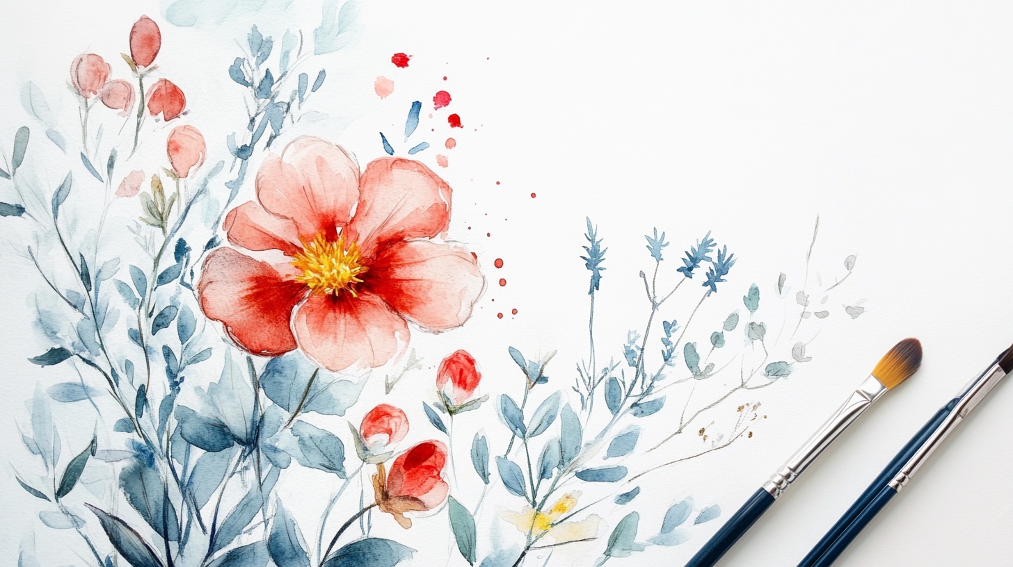 水彩花卉与画笔的艺术场景