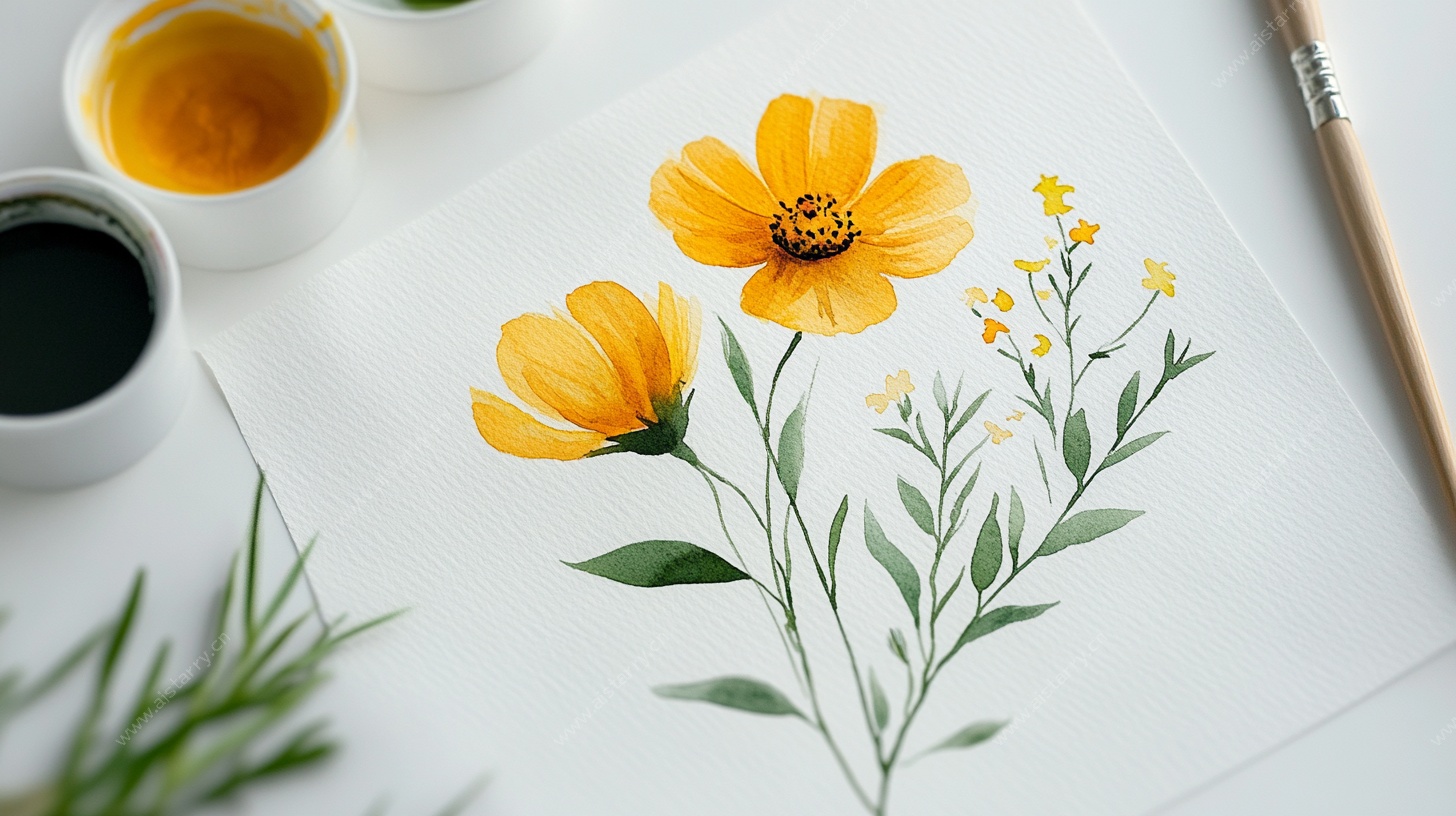 手绘黄色花卉绘画作品