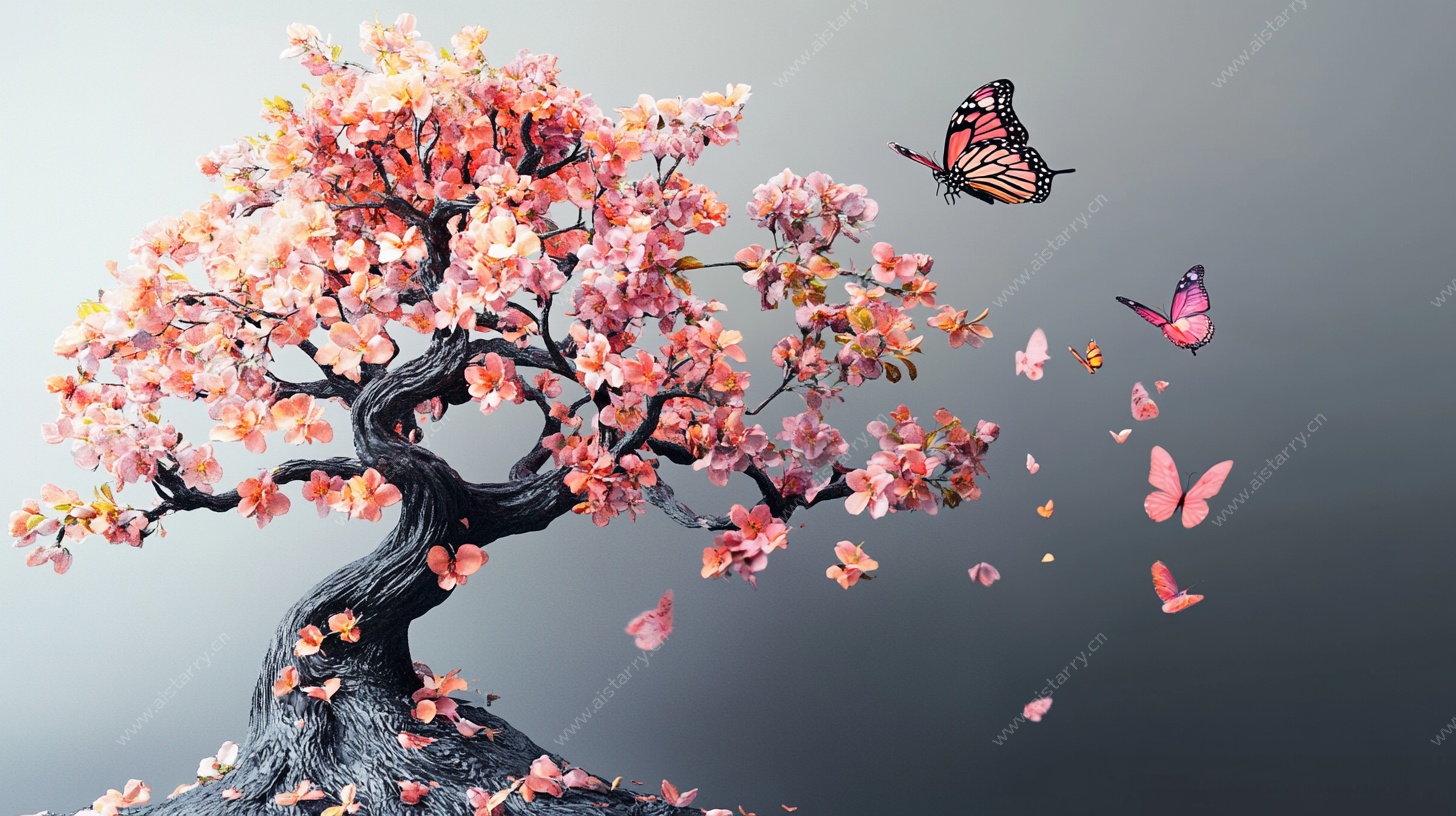 梦幻樱花树与蝶舞图景