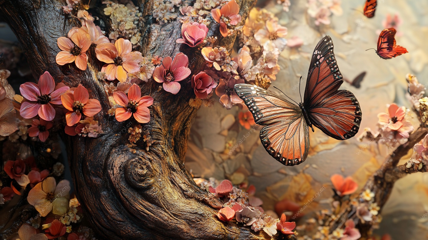 蝴蝶戏花于古木旁