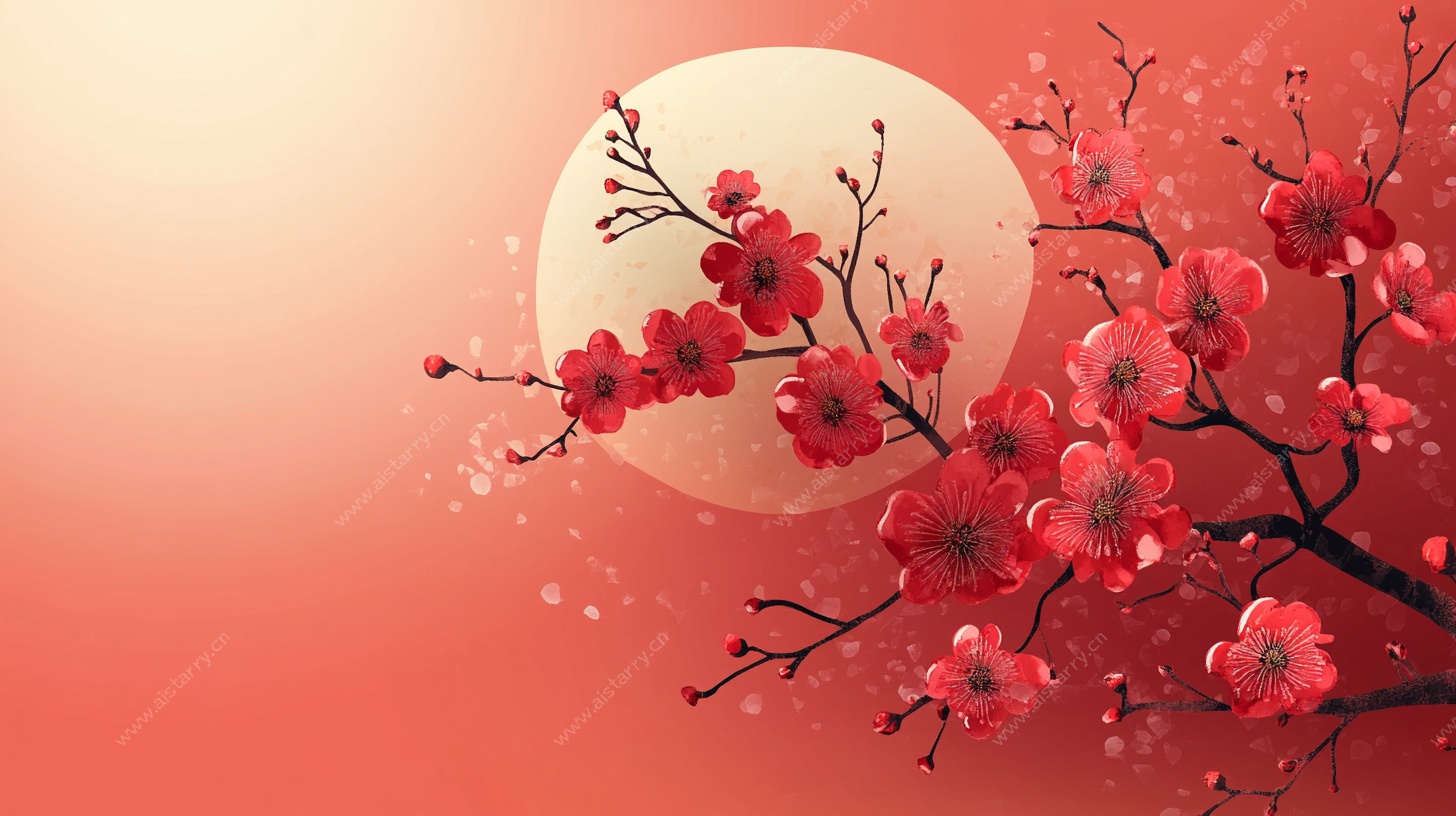 红梅映月图