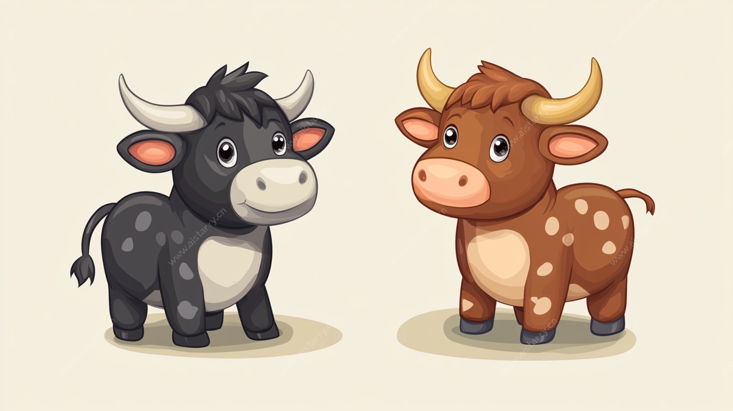 可爱卡通双牛形象插画