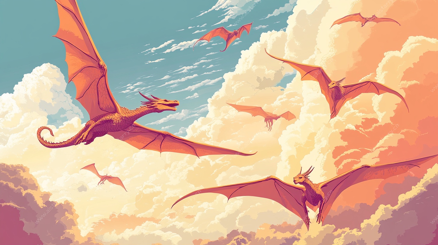 天空中翱翔的奇幻飞龙群