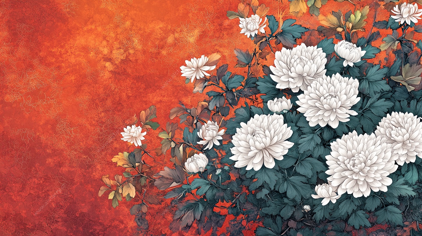 白菊绽于红底间