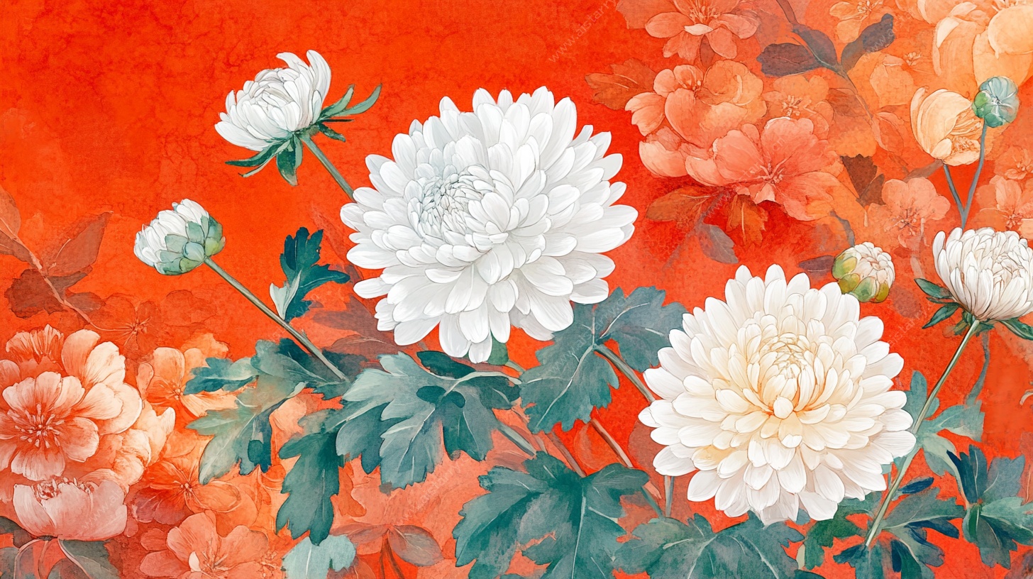 橘底白菊花卉图