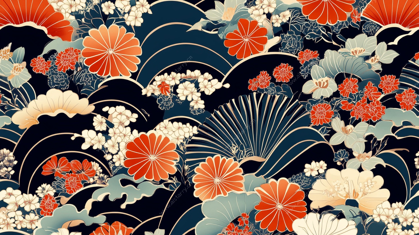 日式花卉海浪图案