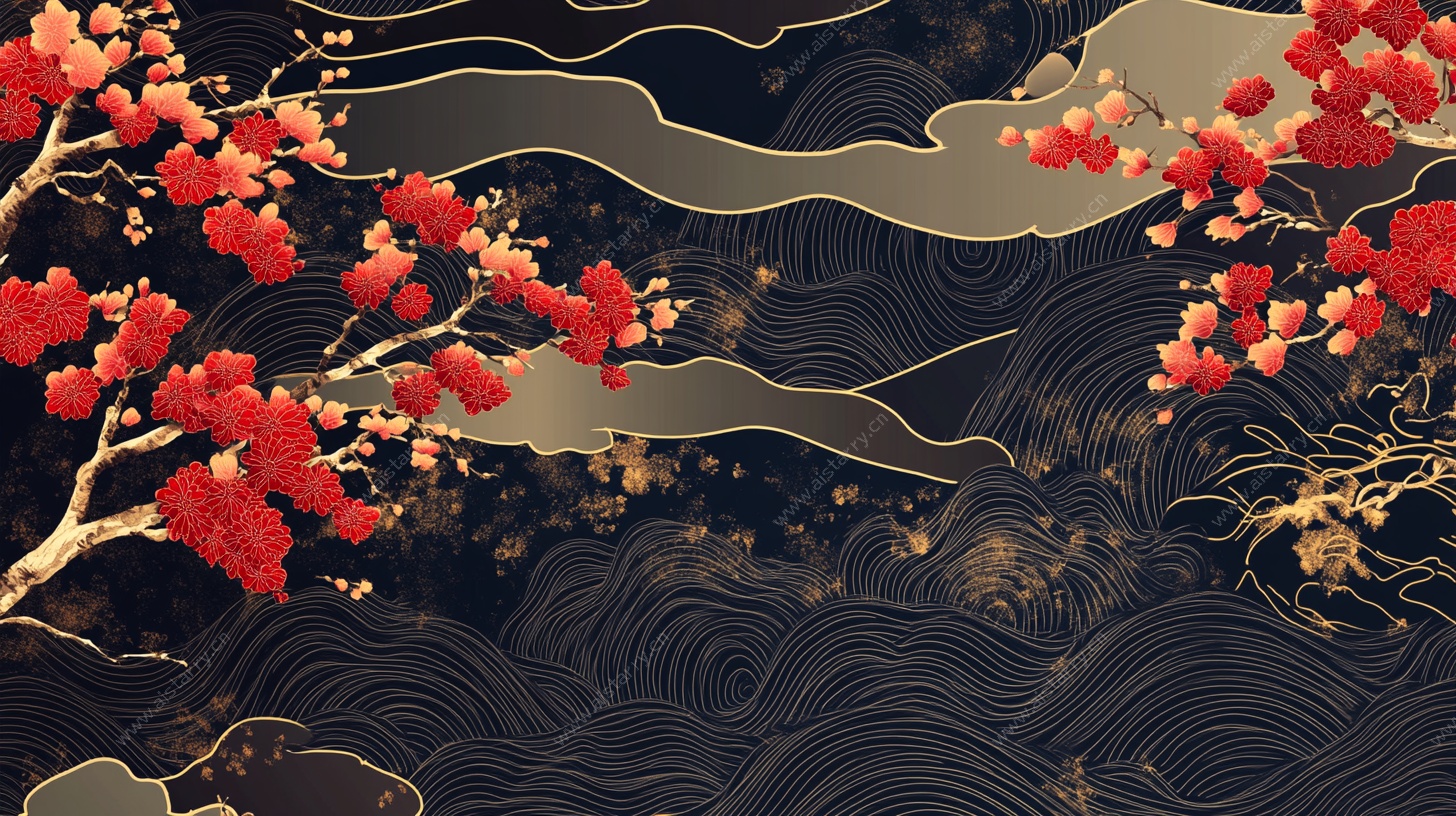 中式红樱山水装饰画