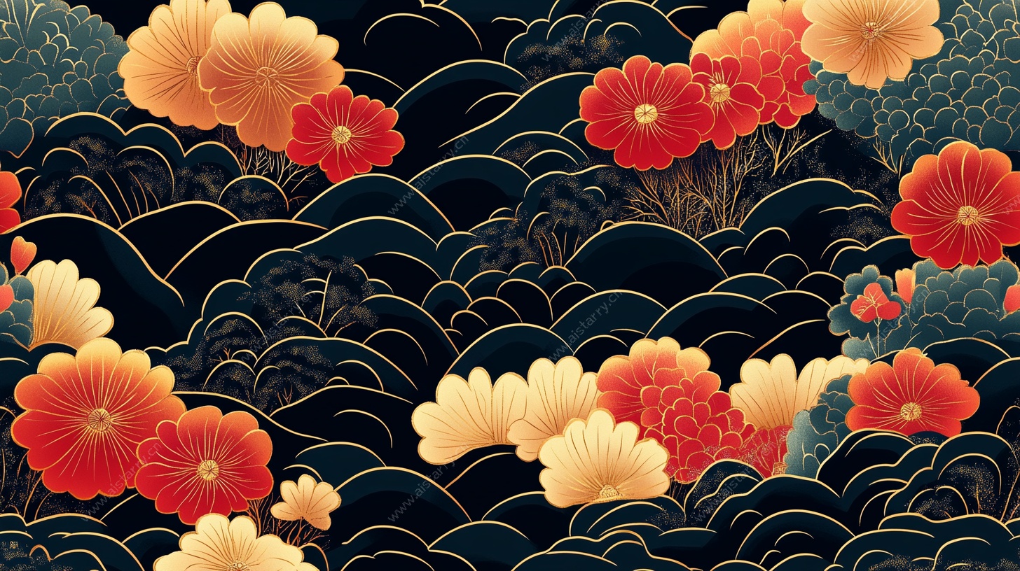 繁花海浪中式纹理图案