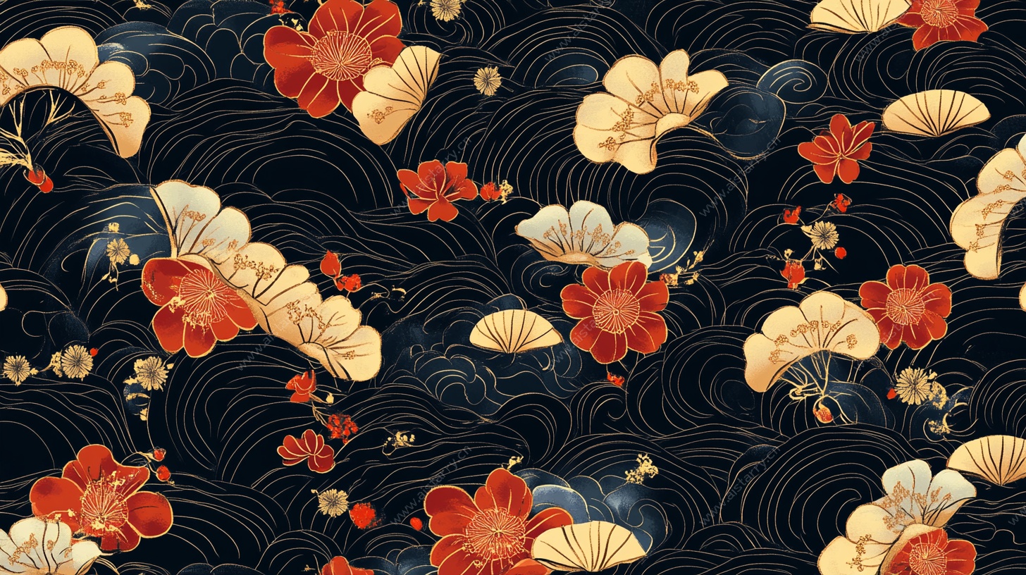 日式和风花卉波浪纹图案