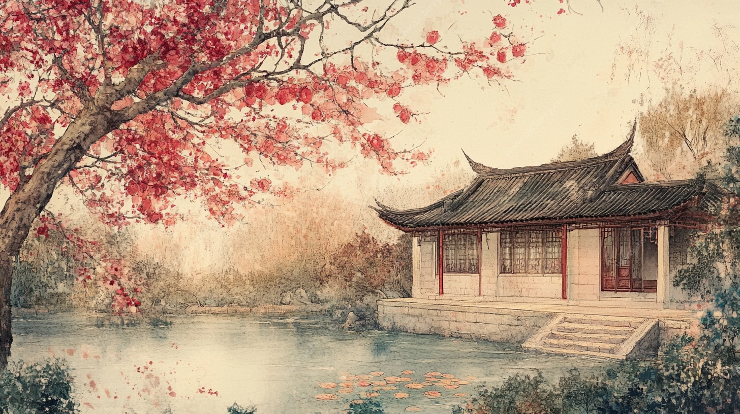 湖畔古亭映繁花