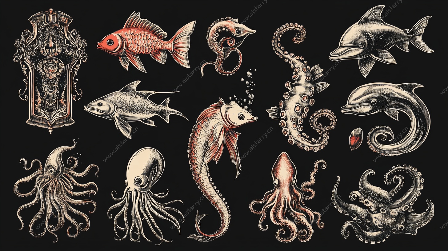 海洋生物复古风纹身图案集