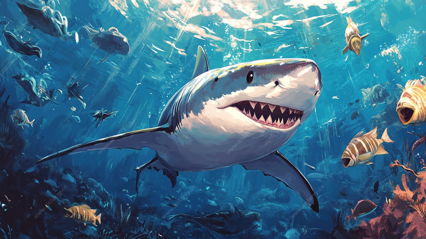 深海鲨鱼与群鱼共游图景