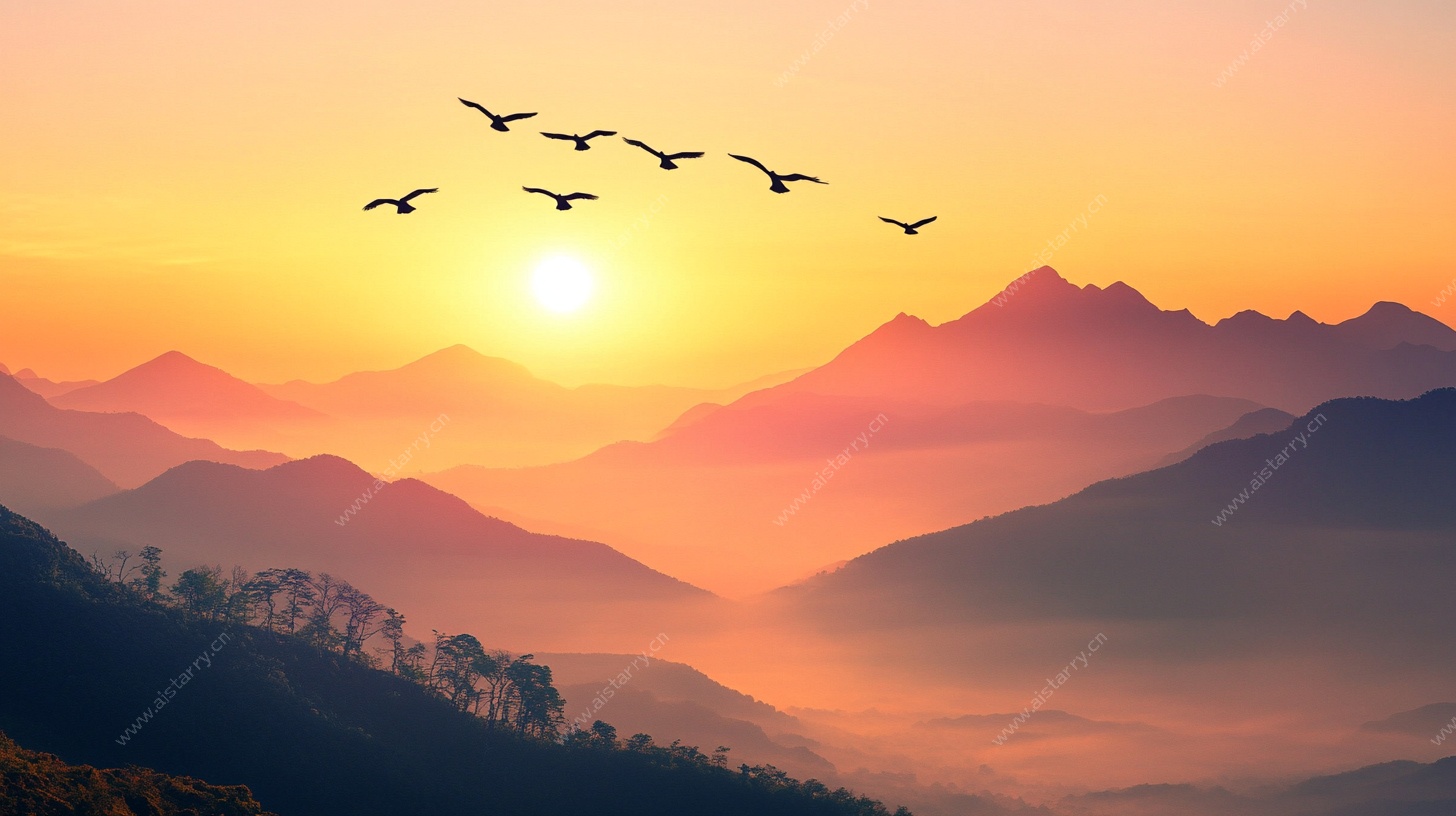 日落群山飞鸟景