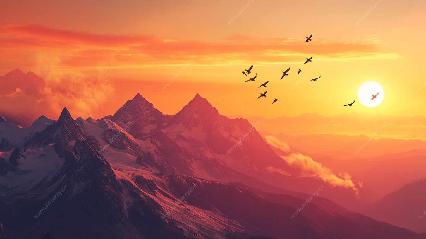 夕阳下的群山飞鸟景观